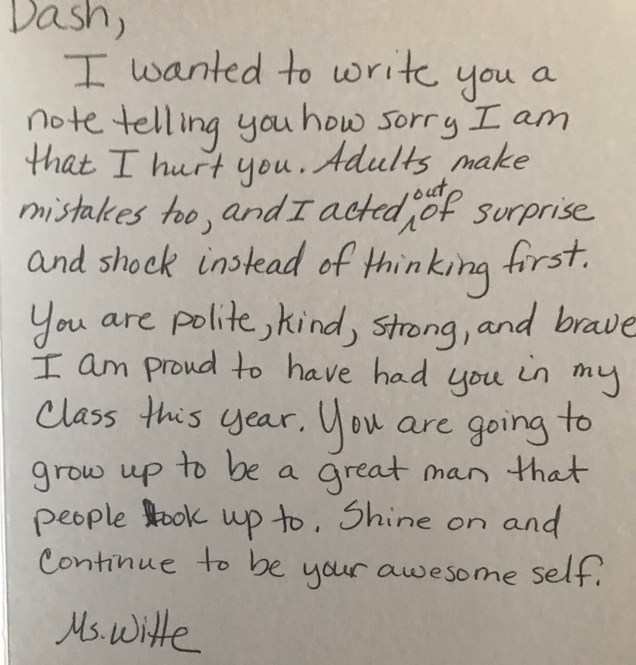Apology letter from Dash’s teacher
